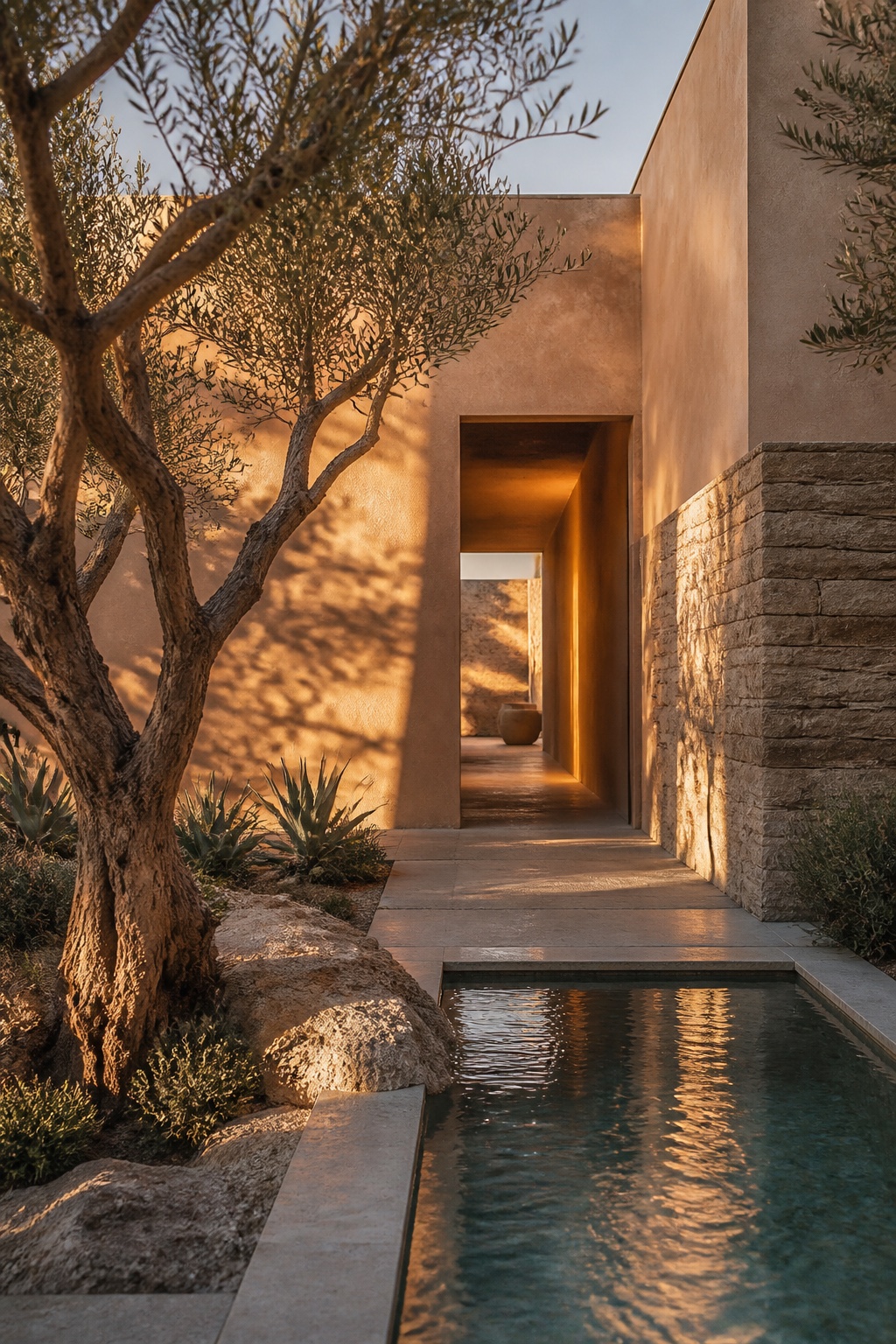 A calm private courtyard in warm evening light