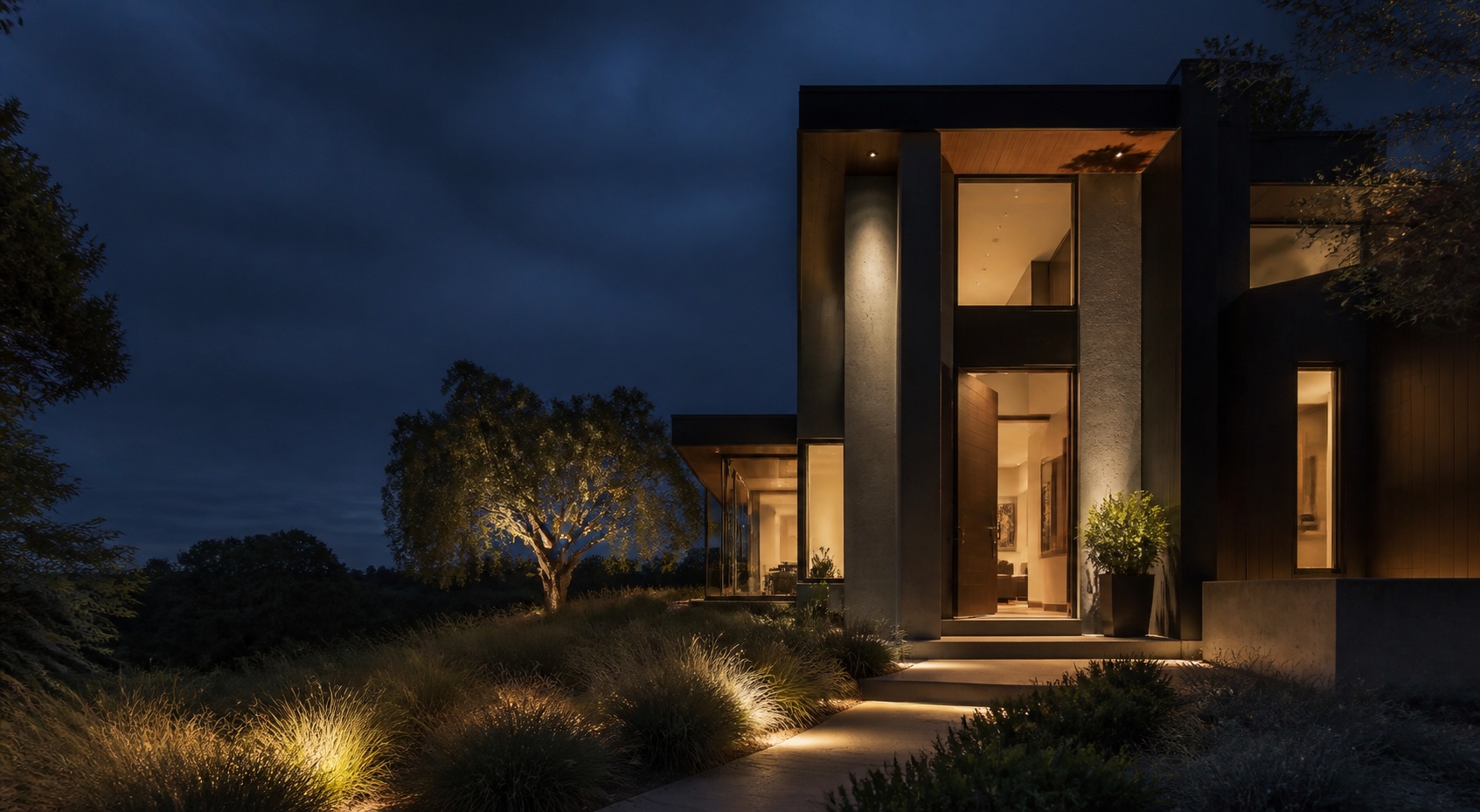 An extraordinary modern home illuminated at blue hour